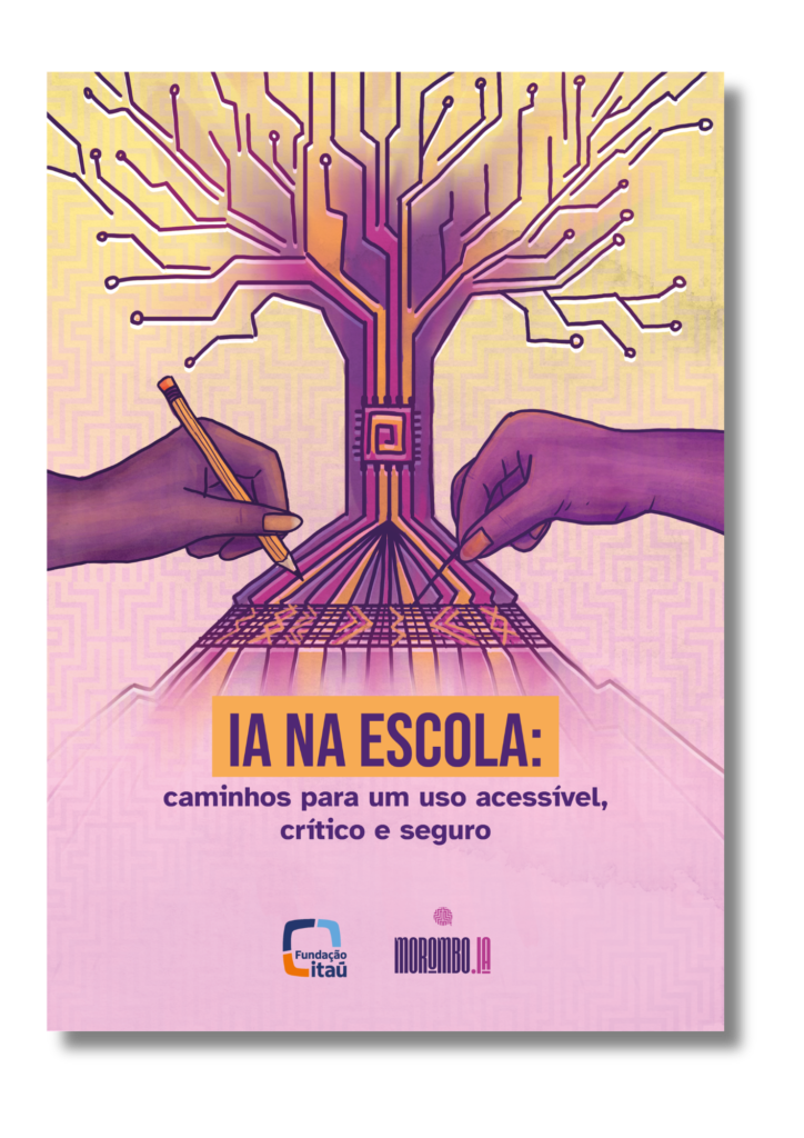 Capa da cartilha, ilustrada em tons de roxo, lil&aacute;s, dourado e rosa. A parte superior do fundo &eacute; amarelada, com texturas geom&eacute;tricas sutis em linhas de zigue-zague, transformando-se em um degrad&ecirc; rosa suave na parte inferior. No centro, uma &aacute;rvore estilizada representa um circuito eletr&ocirc;nico. O tronco e os galhos superiores s&atilde;o formados por linhas retas e conex&otilde;es semelhantes a uma placa de circuito impresso de computador, expandindo-se para cima. No centro do tronco, h&aacute; um pequeno quadrado em formato de microchip, com um padr&atilde;o em espiral. Abaixo do tronco, duas m&atilde;os em tons de pele escura aparecem junto &agrave; base da imagem. A m&atilde;o esquerda segura um l&aacute;pis amarelo e desenha linhas descendentes. A m&atilde;o direita segura uma ferramenta fina, semelhante a uma ponteira, guiando linhas coloridas em uma grade em perspectiva na base, com apar&ecirc;ncia de tear digital ou caminhos entrela&ccedil;ados.